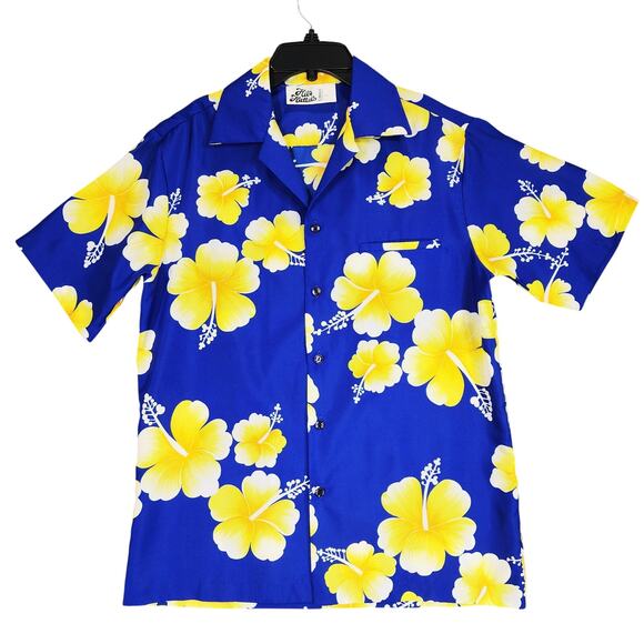 Vtg Hilo Hattie Hawaiian Button Shirt sz M Men Blue Yellow Hibiscus Aloha Beach - Picture 1 of 10